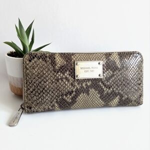 Michael Kors Tan & Brown Leather Snake Zip-Around Wallet With Silver Hardware